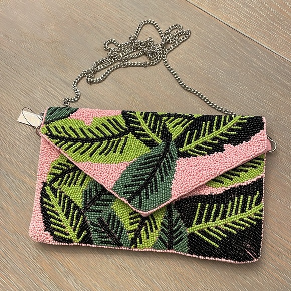 Viola Handbags - Palm leaf beaded clutch, crossbody, new